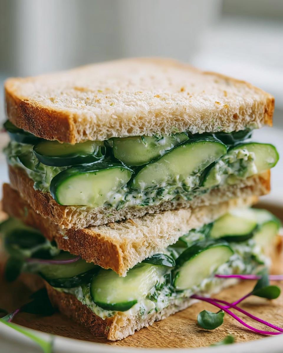 Two stacked cucumber salad sandwiches on a wooden board, filled with creamy cucumber salad.