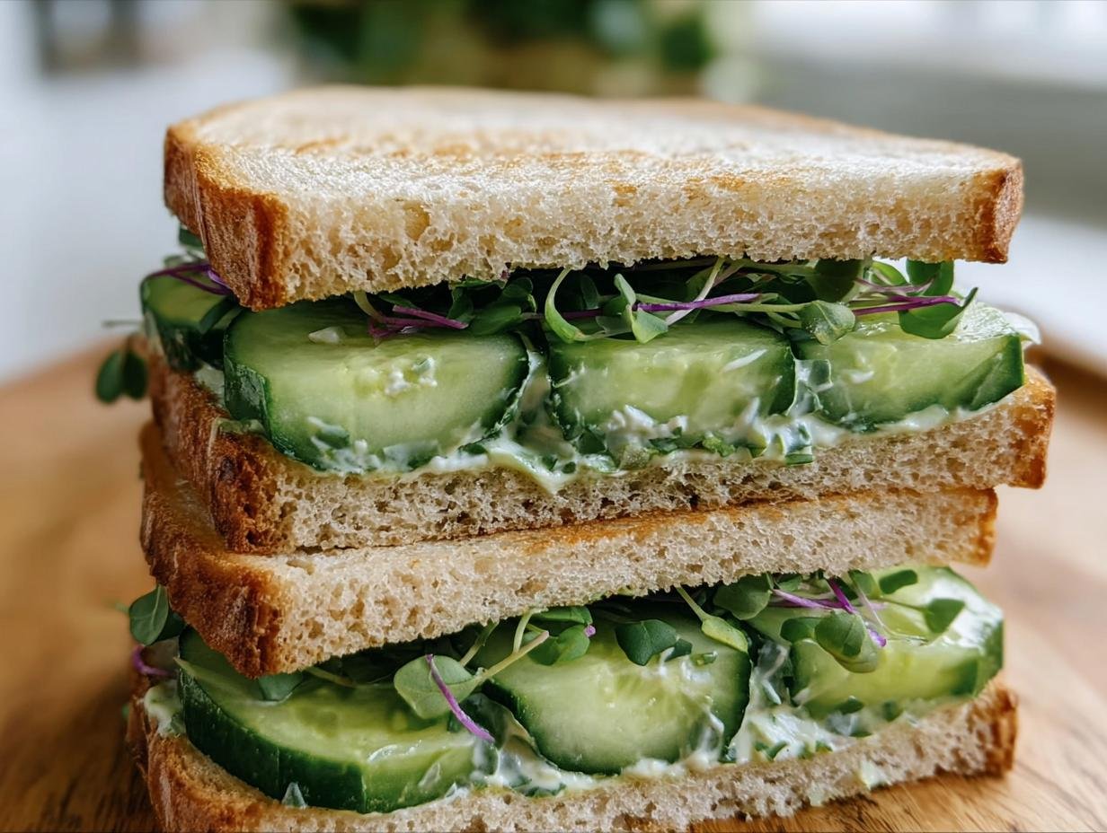 A stack of Cucumber Salad Sandwiches featuring sliced cucumbers, creamy salad, and sprouts on toasted bread.