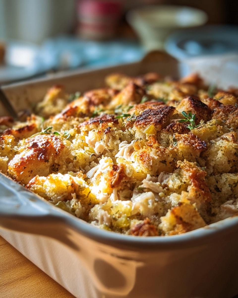 Close up of Dolly's Chicken and Stuffing Casserole in a baking dish, topped with golden-brown stuffing and herbs.