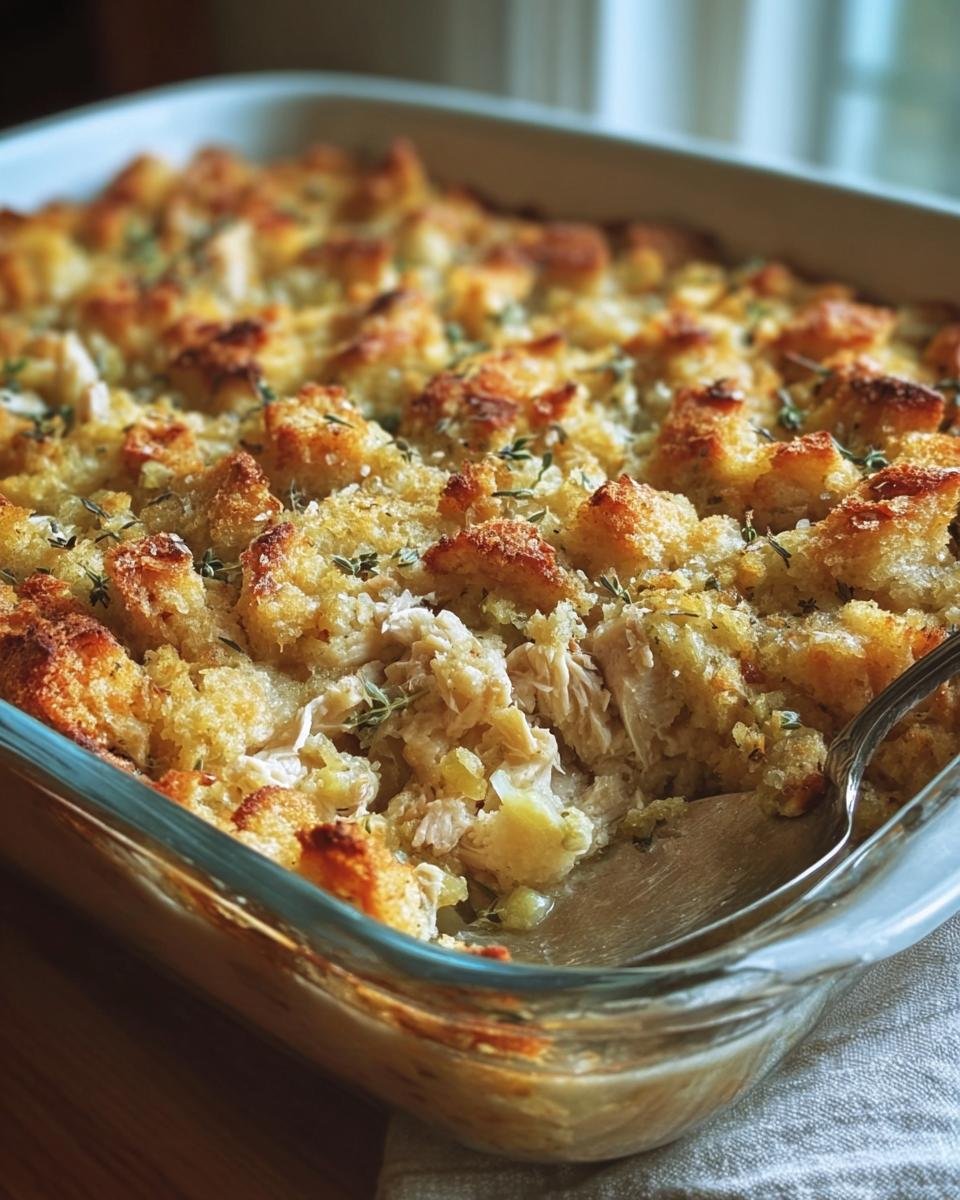 Close-up of Dolly's Chicken and Stuffing Casserole in a glass baking dish with a serving spoon.