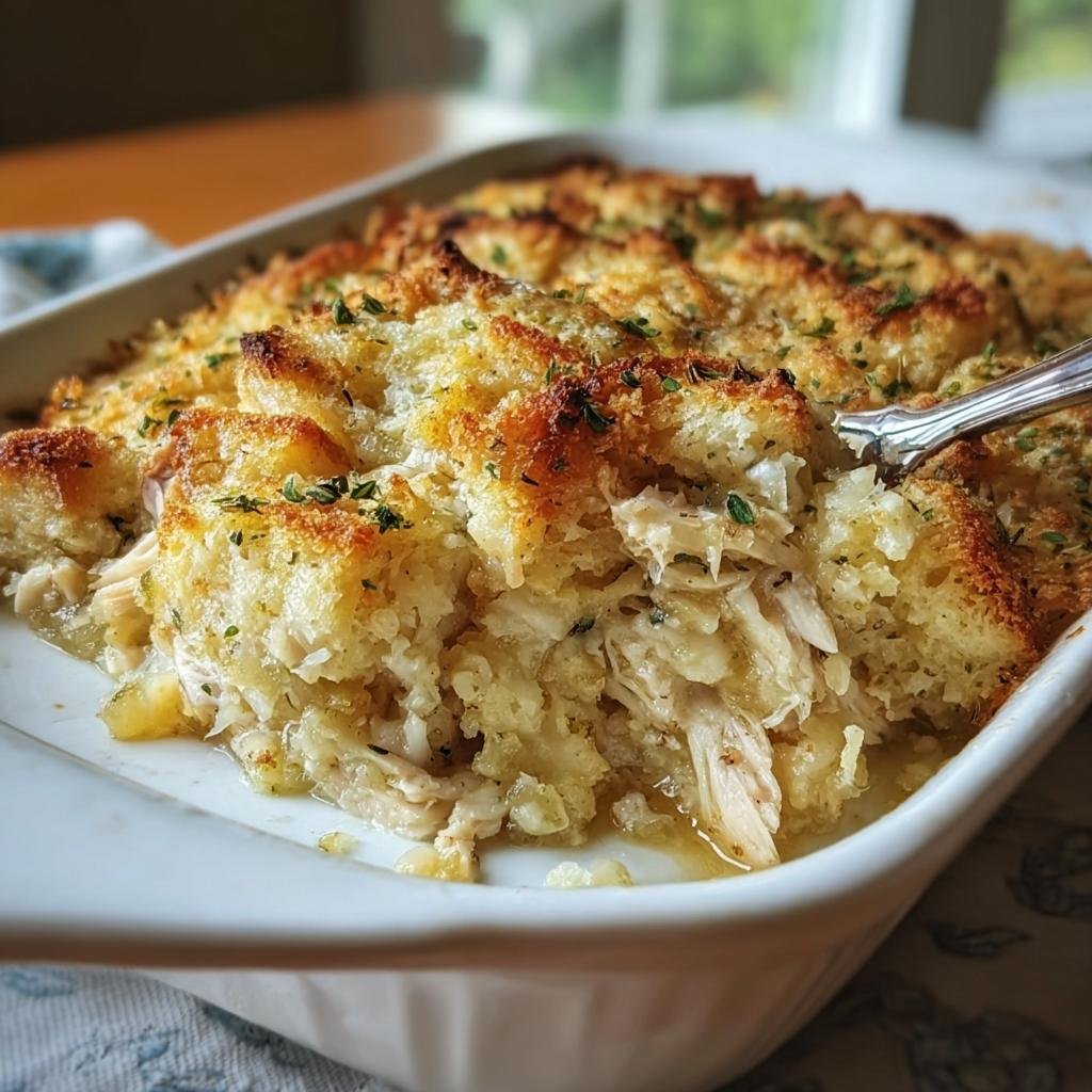 Close-up of Dolly's Chicken and Stuffing Casserole in a white baking dish with a serving spoon.