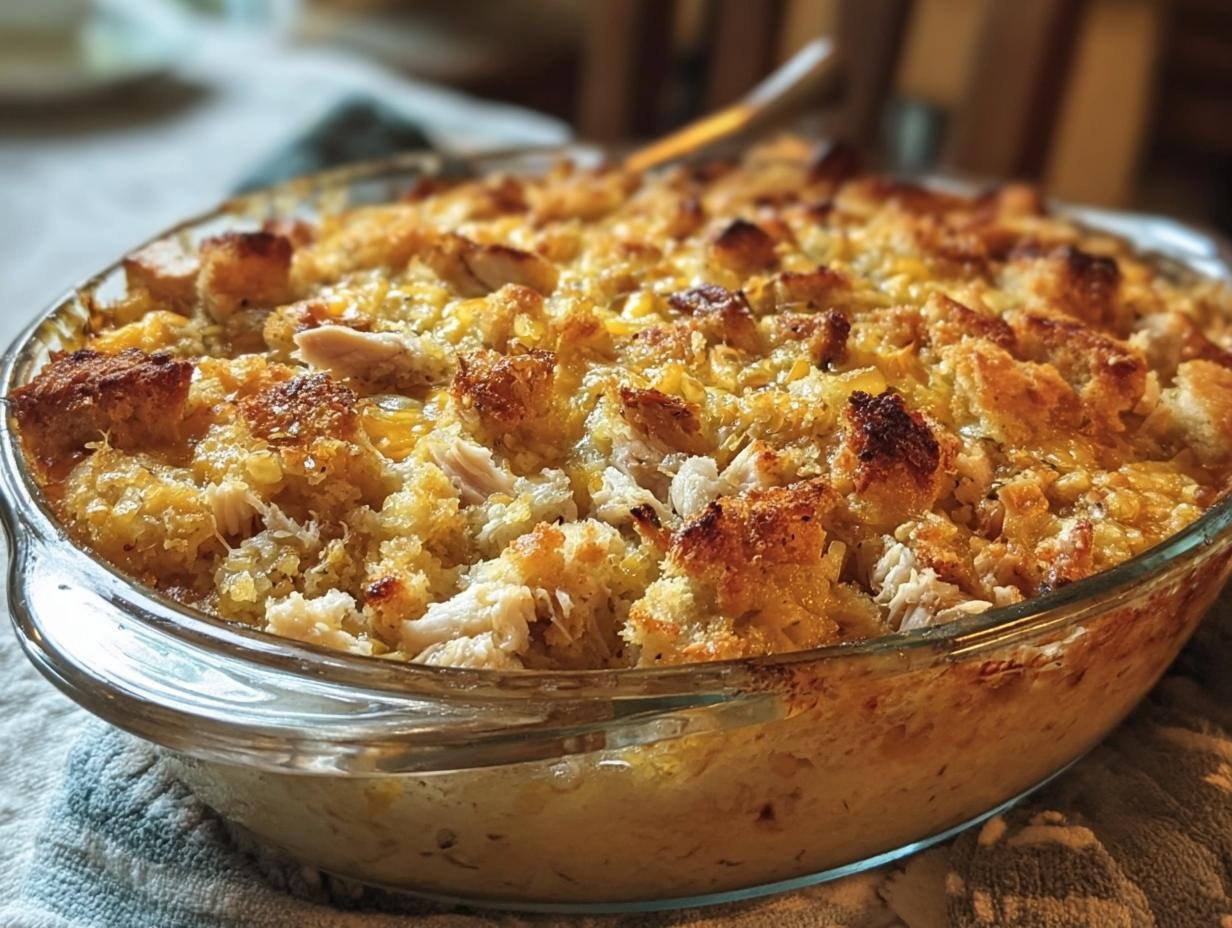 Close-up of Dolly's Chicken and Stuffing Casserole in a glass baking dish, showing golden-brown topping.
