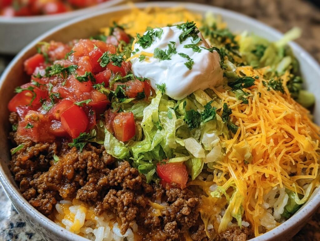 Close-up of an Easy Taco Rice Bowl with seasoned ground beef, rice, lettuce, tomatoes, cheese, and sour cream.