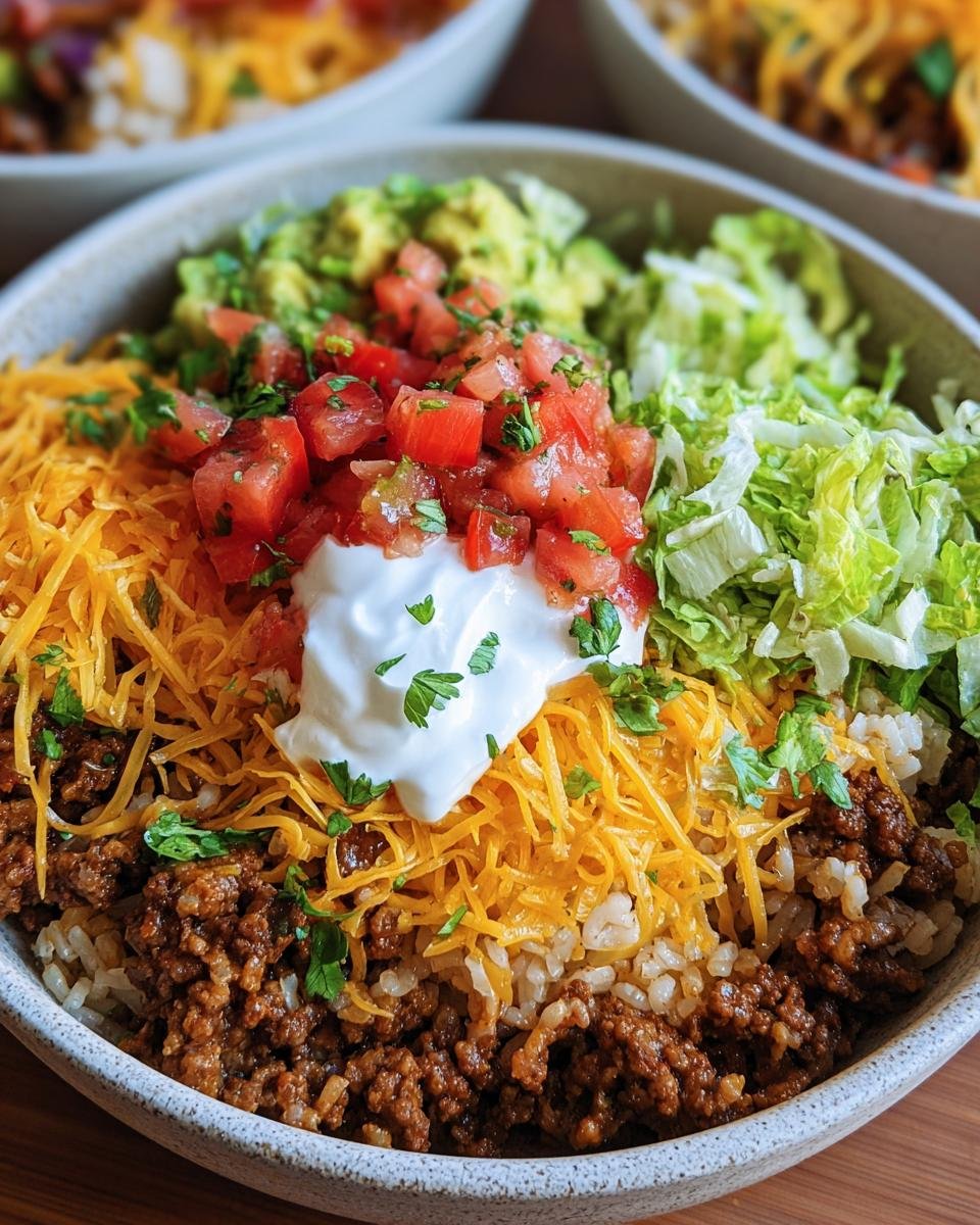 Overhead view of an Easy Taco Rice Bowl with ground beef, rice, cheese, lettuce, pico de gallo, guacamole and sour cream.