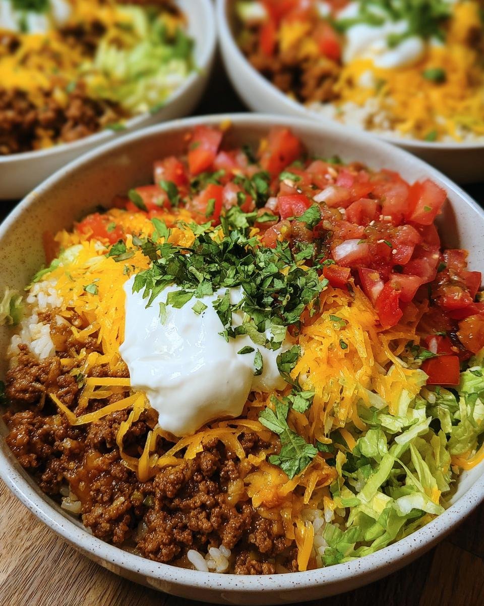 Close-up of an Easy Taco Rice Bowl with ground beef, rice, lettuce, cheese, tomatoes, sour cream and cilantro.