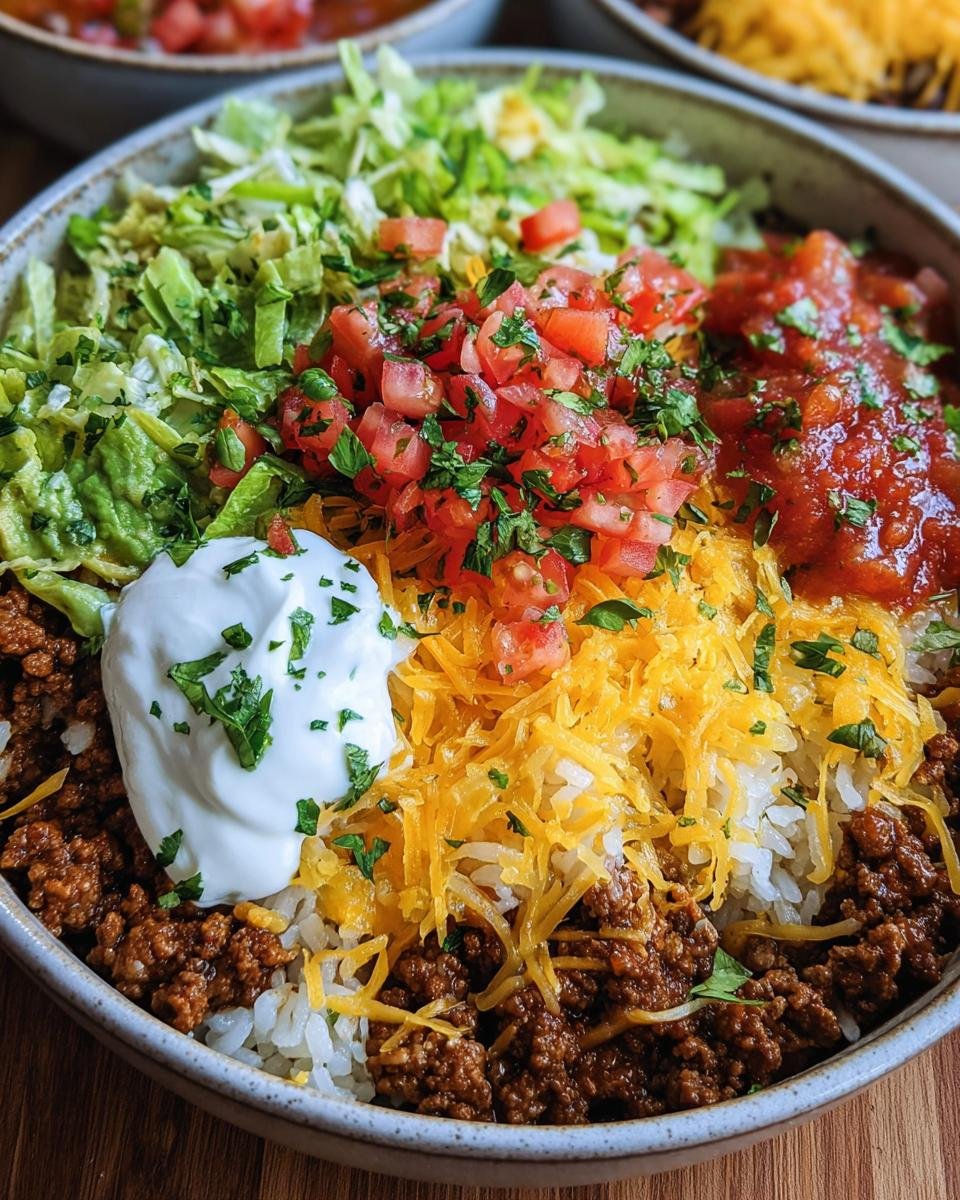 Overhead view of a colorful Easy Taco Rice Bowl with beef, rice, cheese, salsa, lettuce, and sour cream.