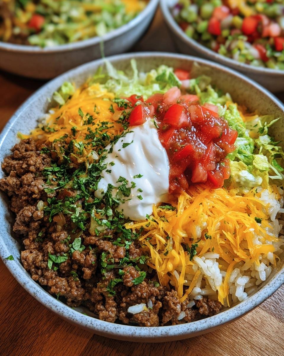 Close-up of an Easy Taco Rice Bowl with seasoned ground beef, rice, cheese, lettuce, salsa, and sour cream.