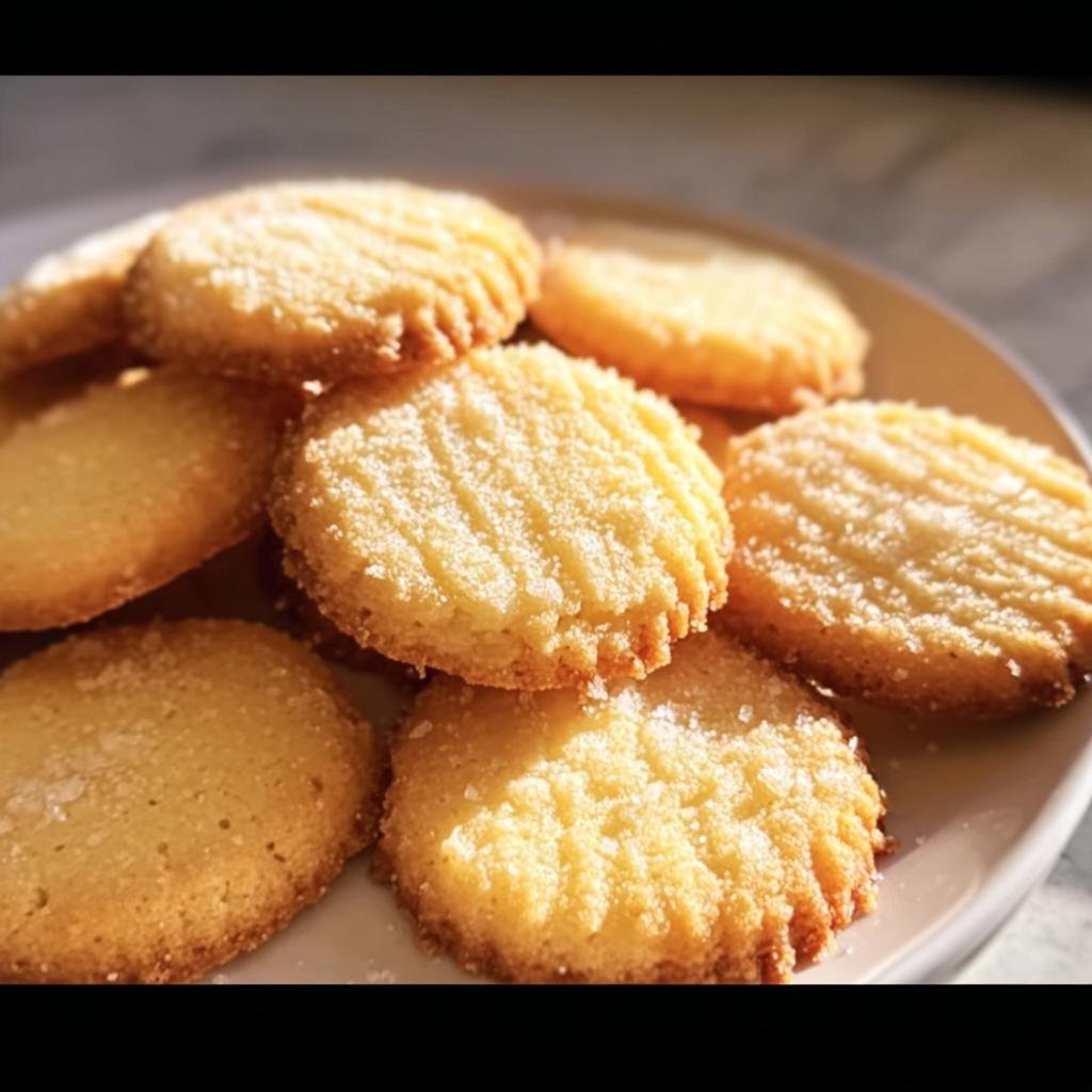 A plate of golden French Salted Butter Cookies, sprinkled with coarse salt.