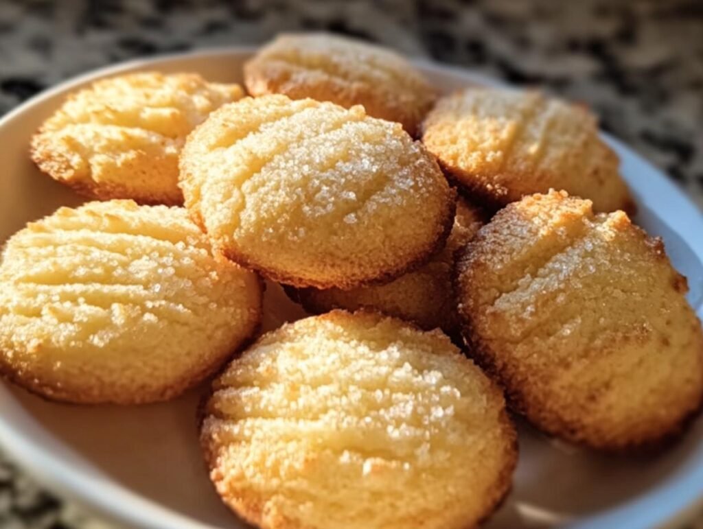 A plate of golden brown French Salted Butter Cookies, sprinkled with sugar.