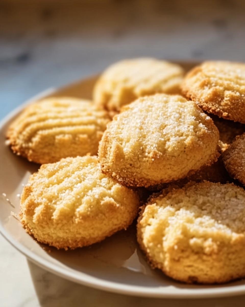 A plate of golden French Salted Butter Cookies, some with decorative markings and sugar sprinkles.