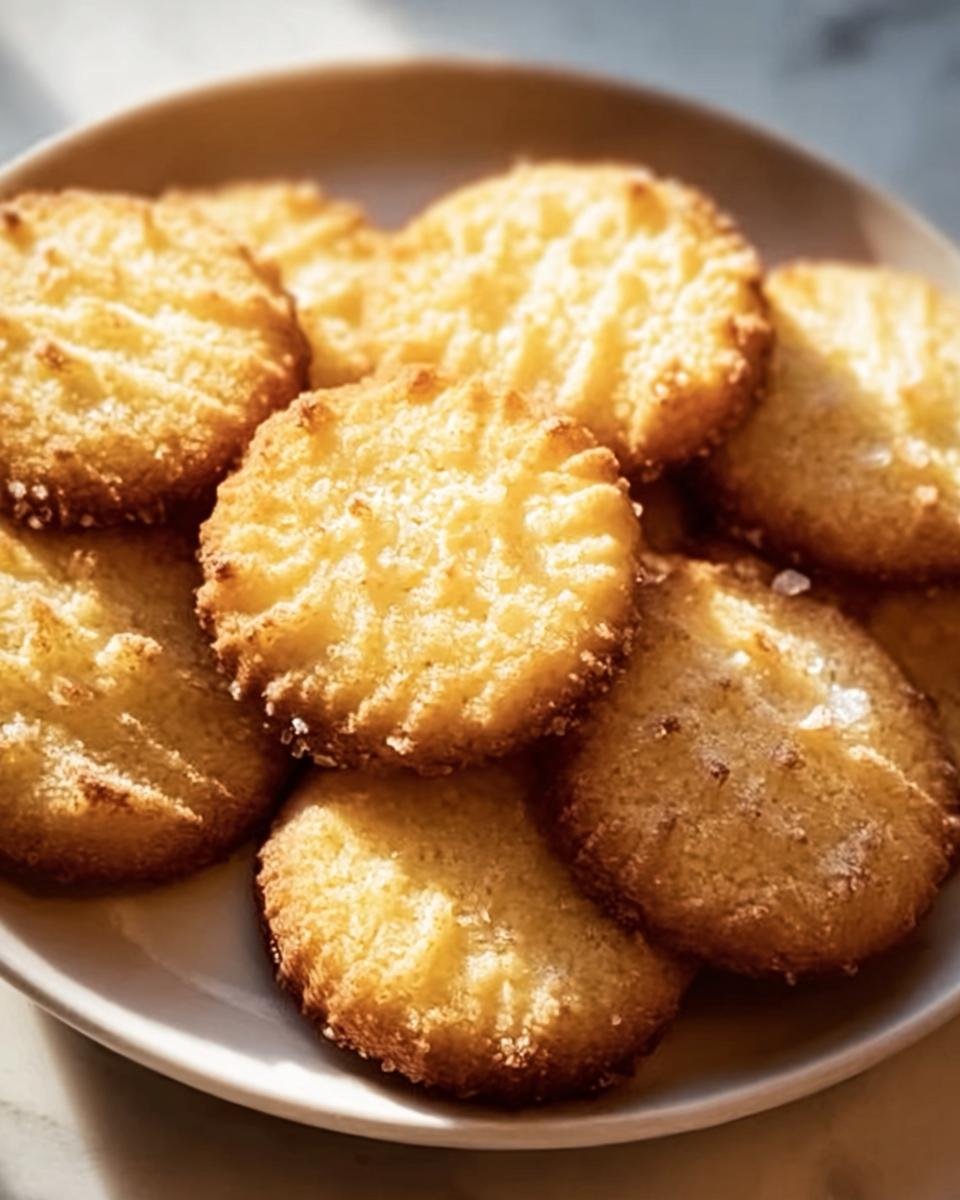 A plate of golden brown French Salted Butter Cookies, showcasing their delicate texture and salt crystals.