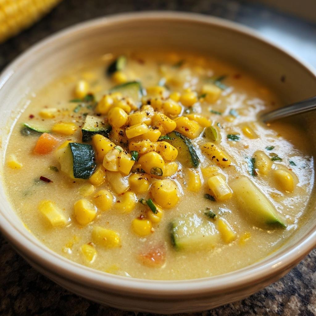 Close-up of a bowl of Fresh Corn and Zucchini Chowder, garnished with herbs and spices.