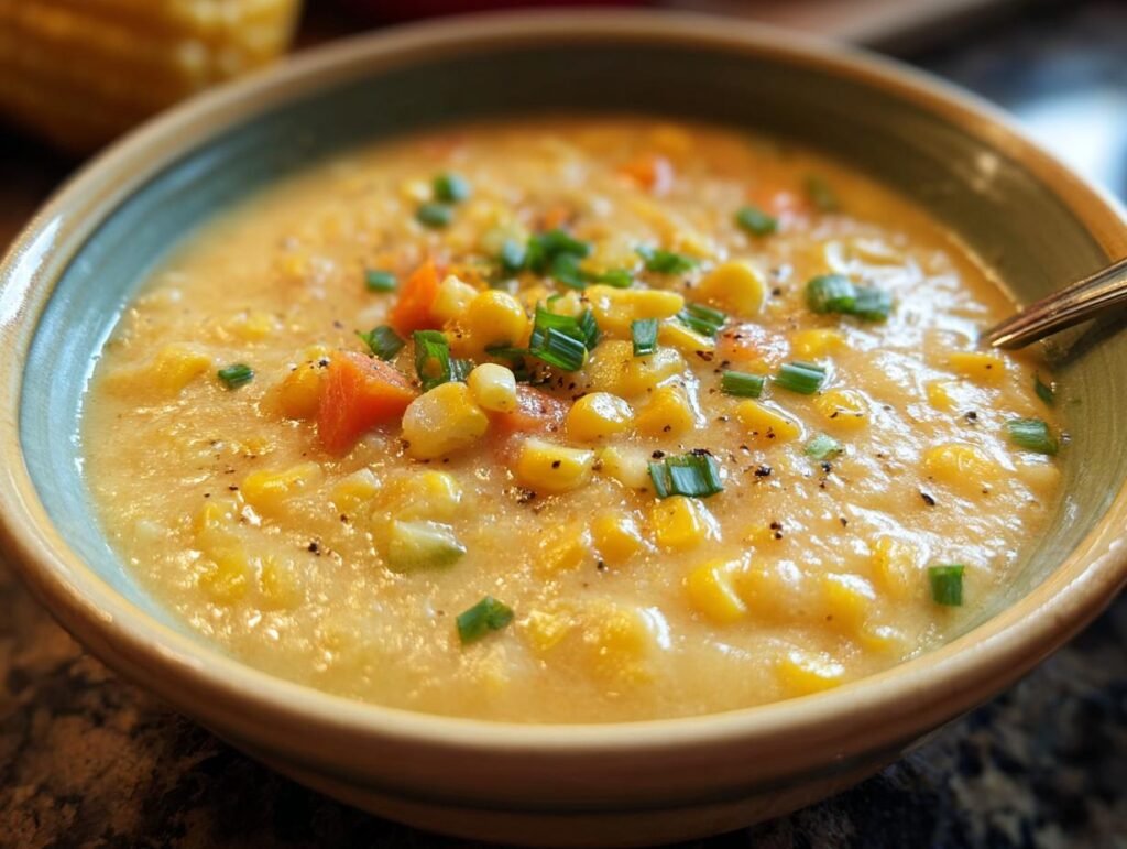 A bowl of Fresh Corn and Zucchini Chowder, garnished with chives and visible corn kernels.