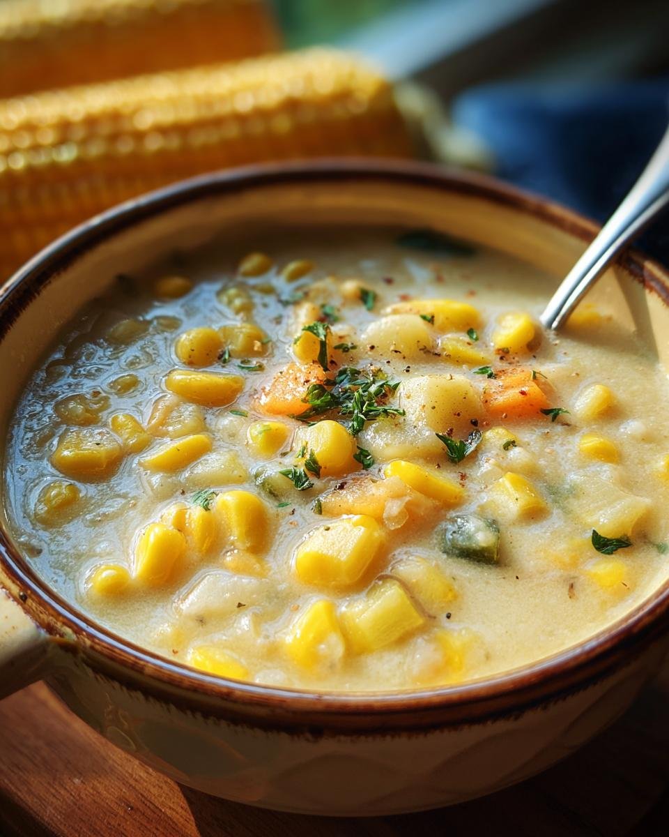 Bowl of creamy Fresh Corn and Zucchini Chowder with a spoon, garnished with herbs. Corn cobs in background.