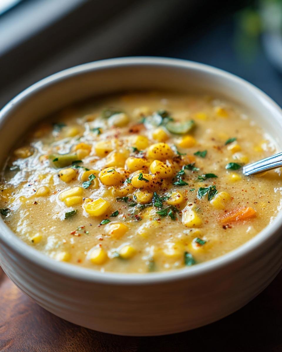 A bowl of creamy Fresh Corn and Zucchini Chowder, garnished with herbs and spices.