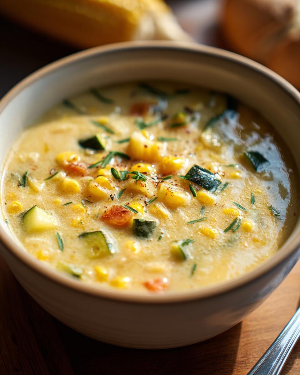 A bowl of creamy Fresh Corn and Zucchini Chowder, garnished with herbs and spices.