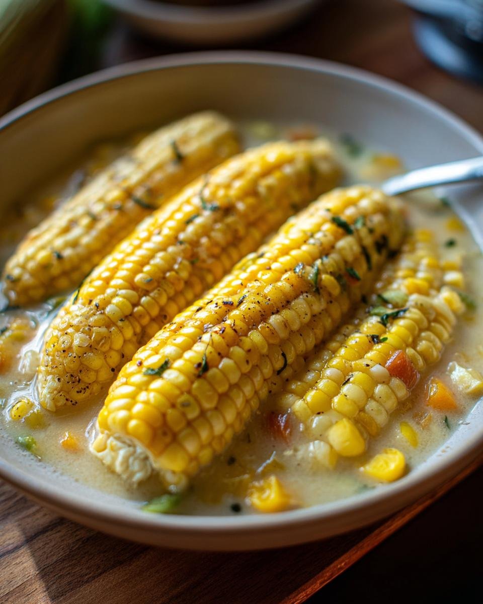 Bowl of Fresh Corn and Zucchini Chowder featuring corn on the cob, herbs, and a creamy broth.