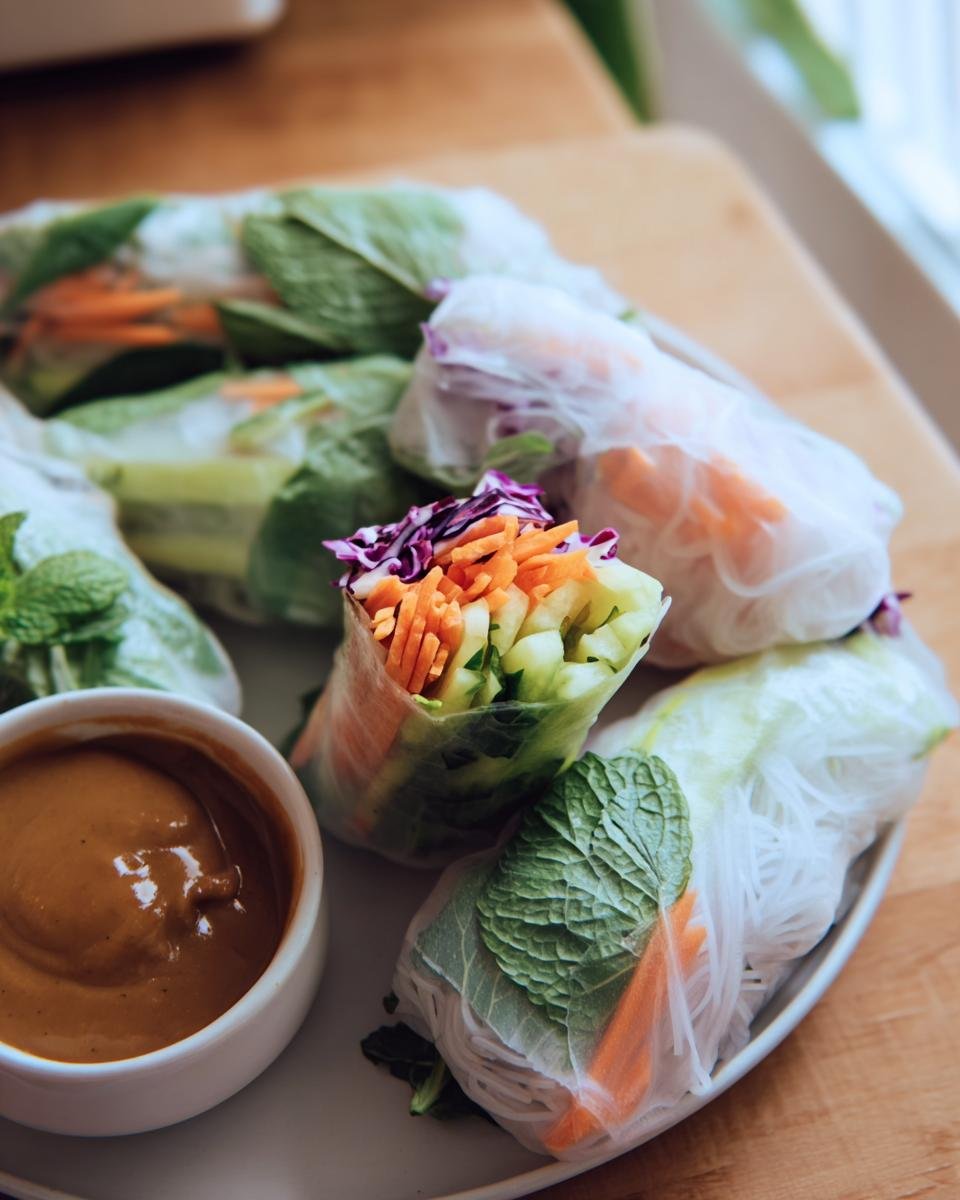 Close-up of colorful Fresh Spring Rolls filled with vegetables, rice noodles, and herbs, served with peanut sauce.