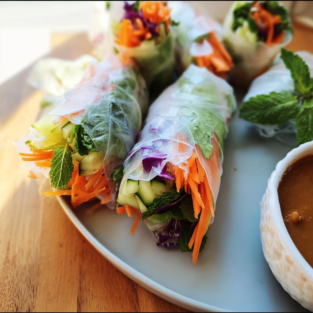 Close-up of several Fresh Spring Rolls filled with colorful vegetables and herbs, served with peanut sauce.