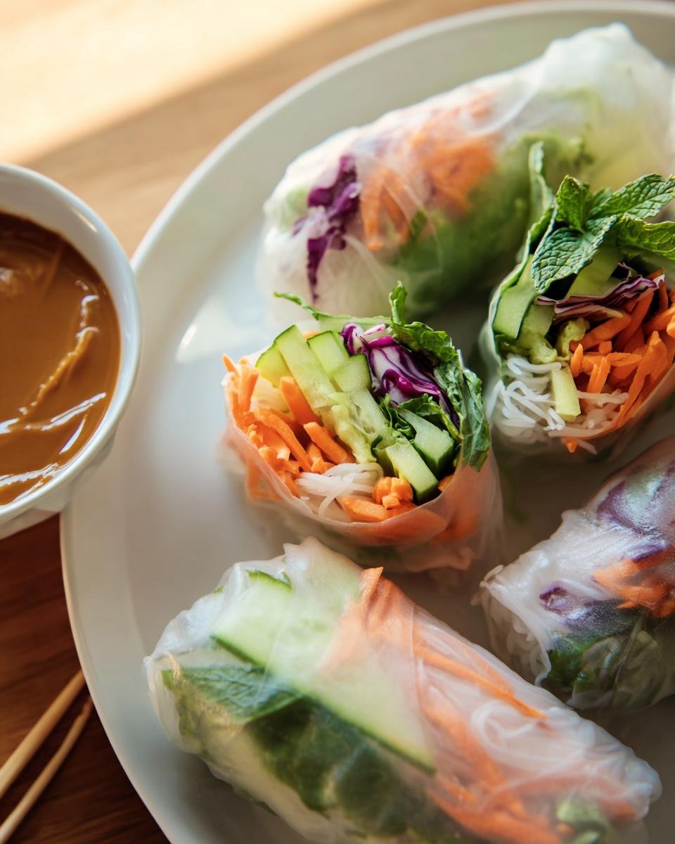 Overhead shot of vibrant Fresh Spring Rolls filled with vegetables and noodles, served with peanut sauce.