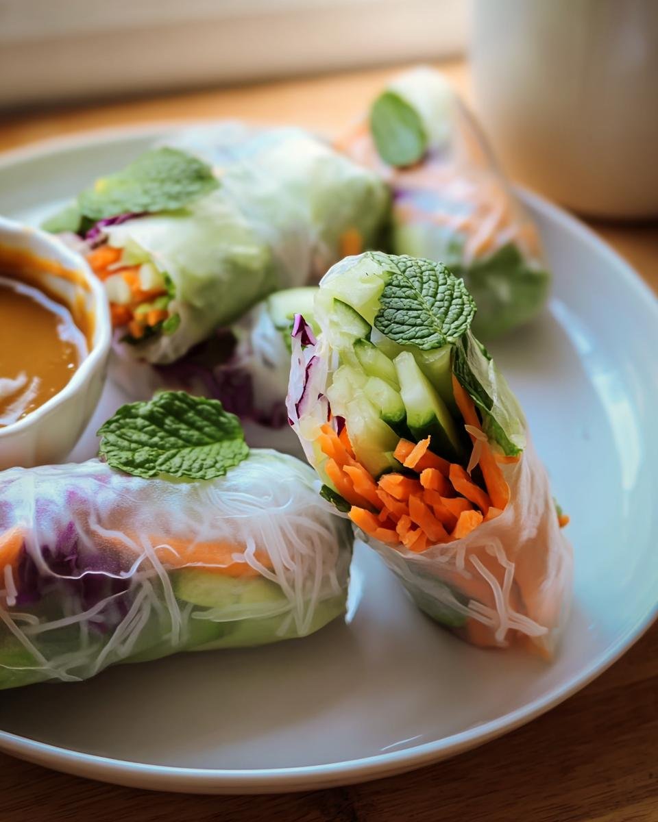 Close-up of colorful Fresh Spring Rolls filled with vegetables, noodles, and herbs, served with peanut sauce.