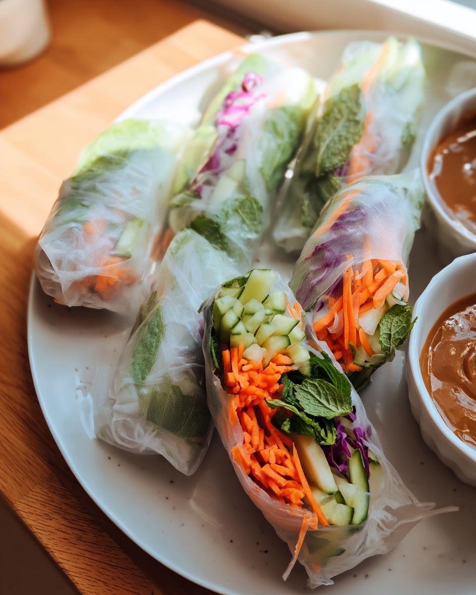Overhead shot of several Fresh Spring Rolls filled with vegetables and served with peanut sauce.