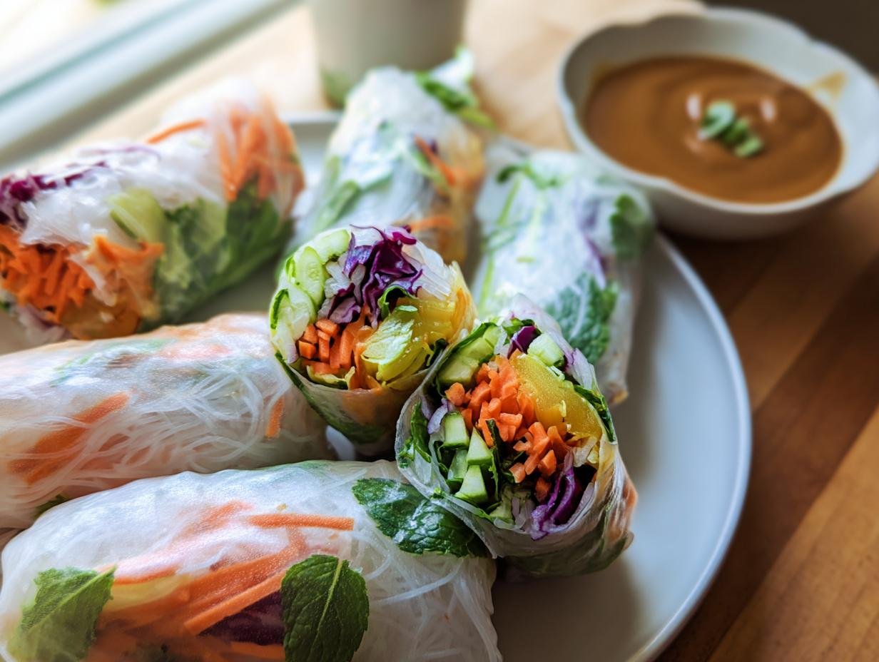 Close-up of fresh spring rolls filled with colorful vegetables and served with peanut sauce.