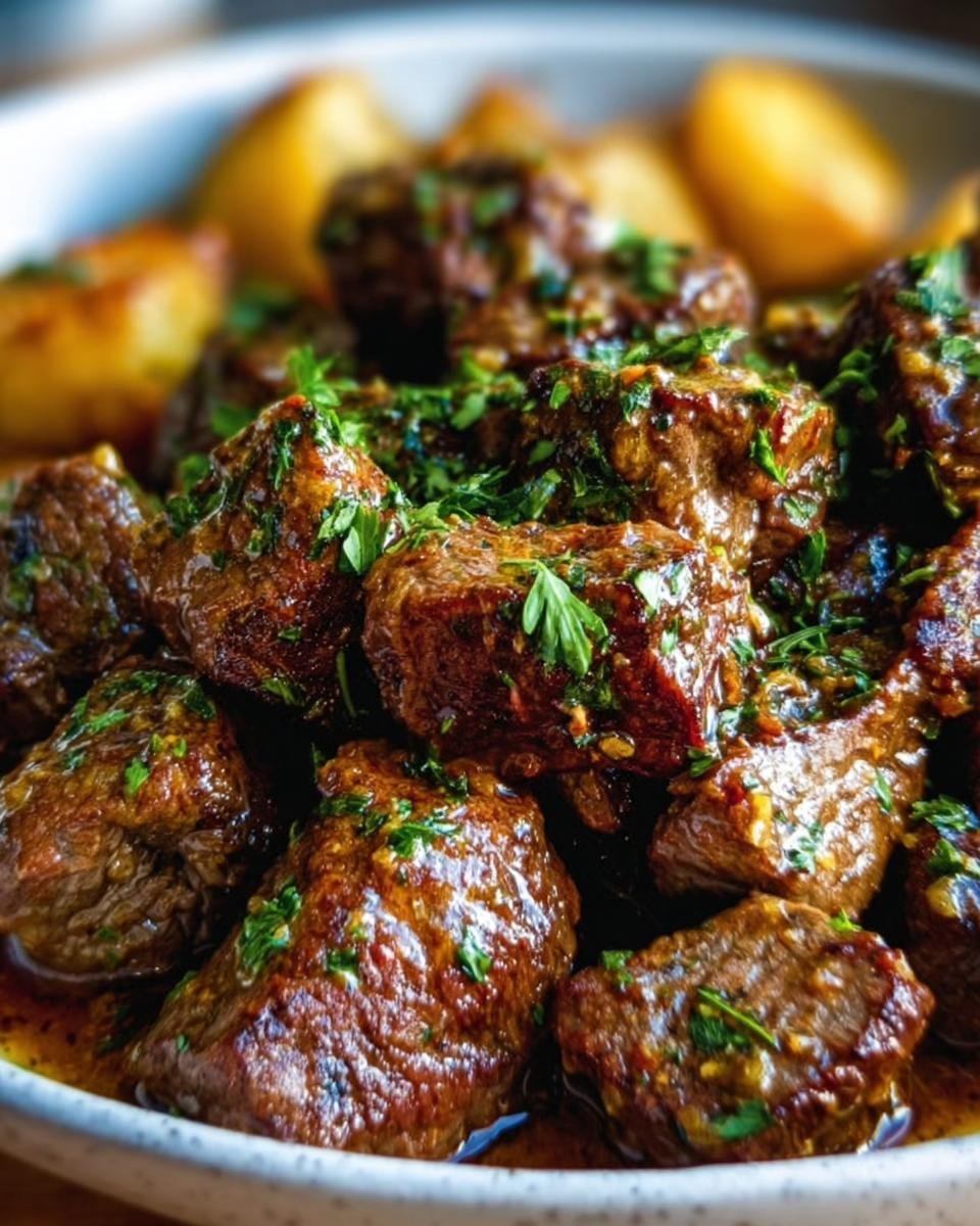 Close-up of Garlic Butter Beef cubes with potatoes and fresh herbs, ready to serve.