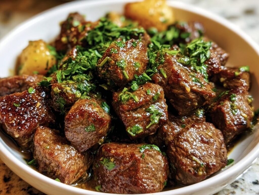 A bowl of glistening Garlic Butter Beef Bites, garnished with fresh herbs, ready to be served.