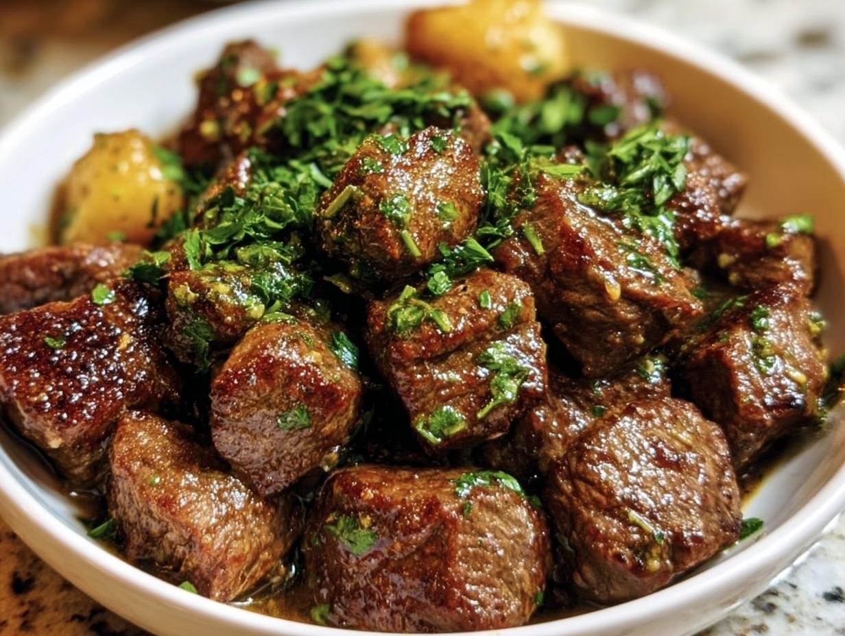 A bowl of glistening Garlic Butter Beef Bites, garnished with fresh herbs, ready to be served.