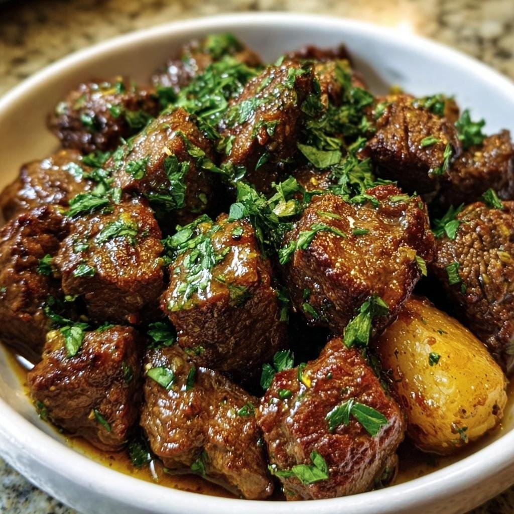 A bowl of glistening Garlic Butter Beef Bites, garnished with fresh herbs. Ready to eat!