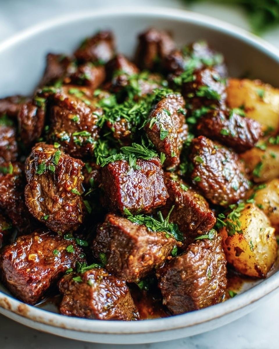 Close-up of Garlic Butter Beef Bites, garnished with fresh herbs, served in a bowl.