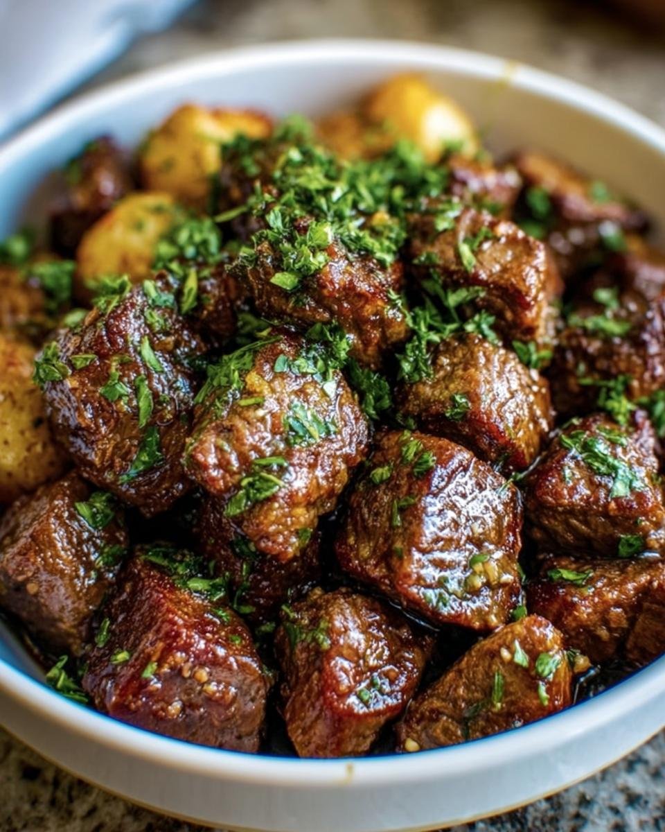 Close-up of a bowl filled with Garlic Butter Beef Bites, garnished with fresh herbs.