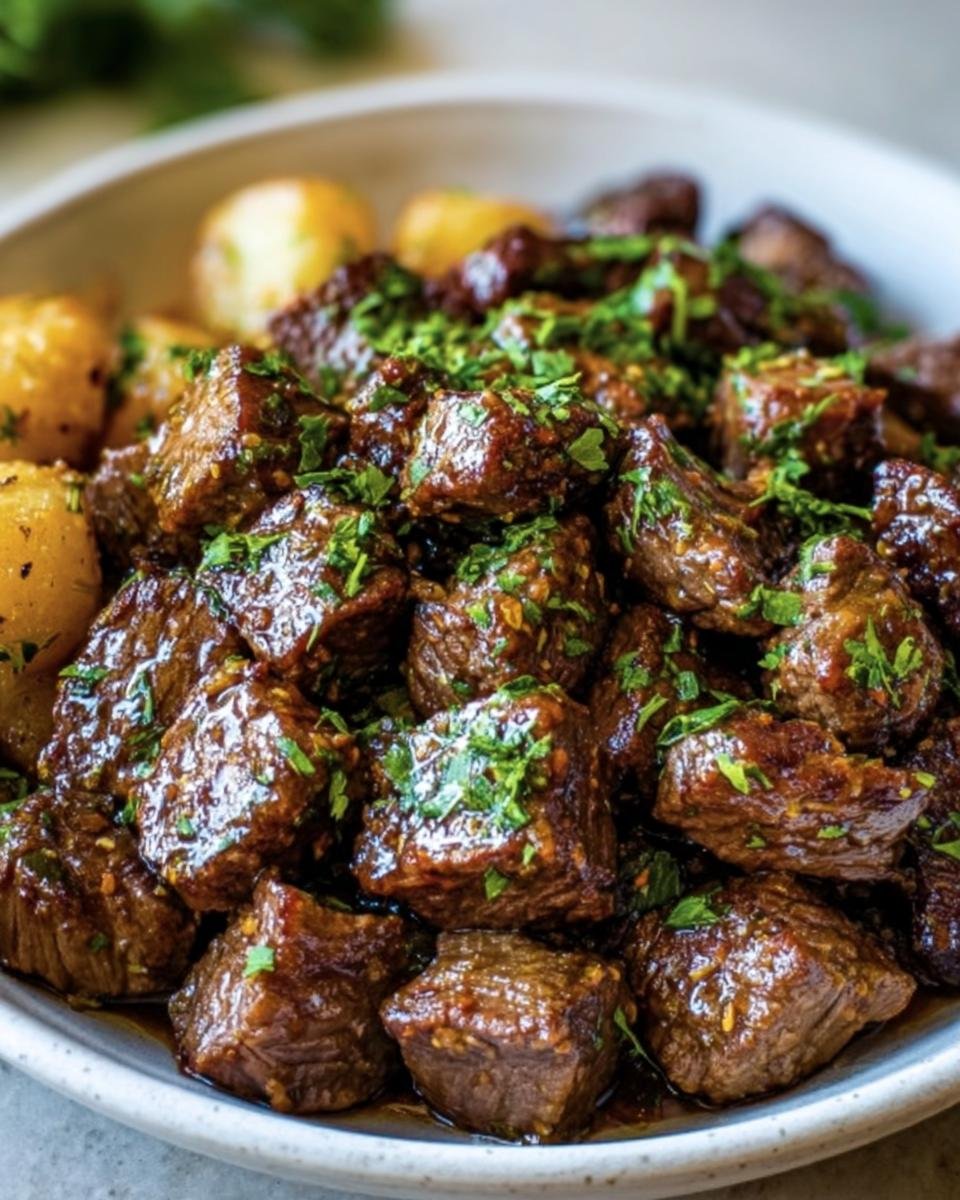 A bowl of glistening Garlic Butter Beef Bites, garnished with fresh herbs and served with potatoes.
