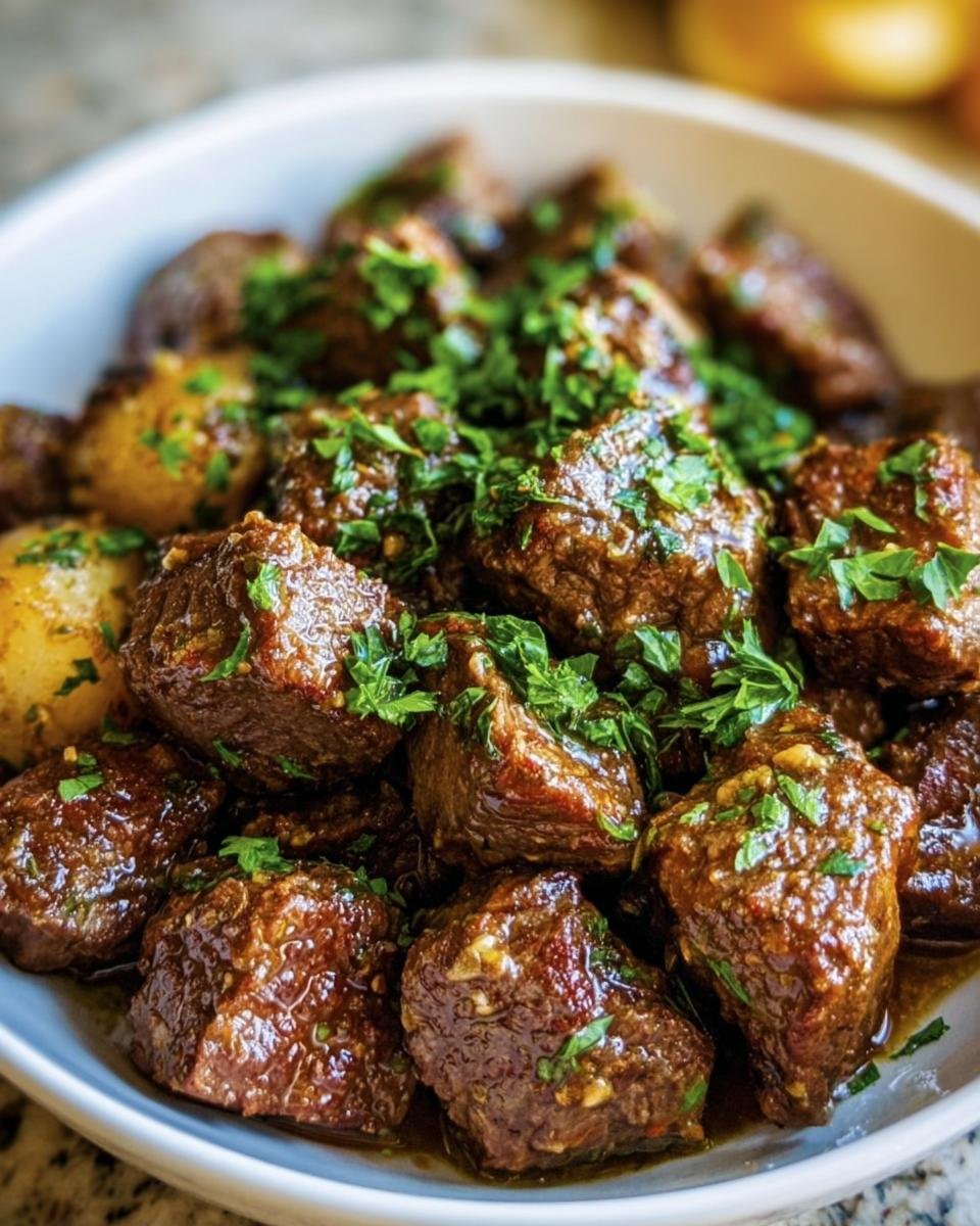 A bowl of glistening Garlic Butter Beef Bites, garnished with fresh parsley. Ready to serve.