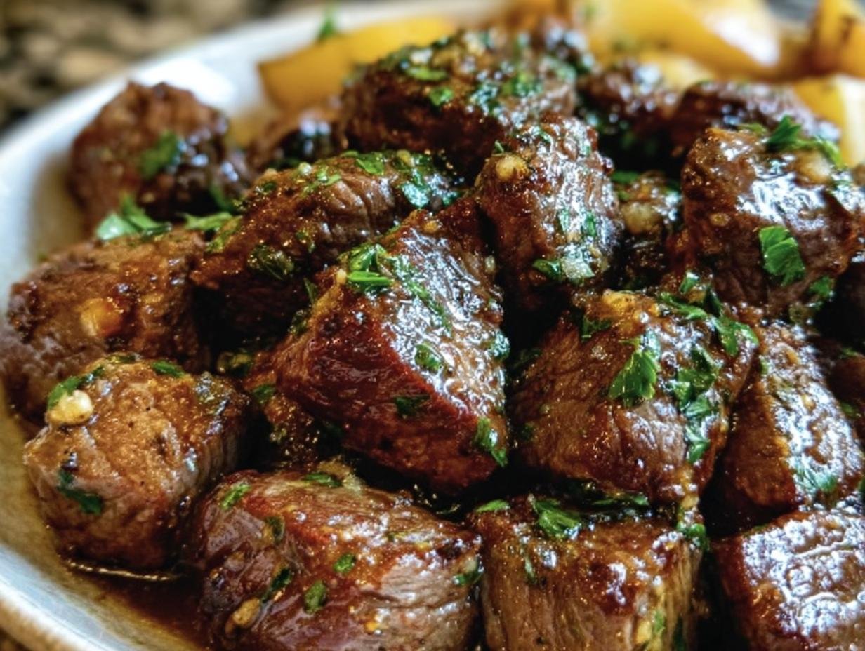 Close-up of Garlic Butter Beef pieces, glistening with sauce and garnished with fresh herbs.