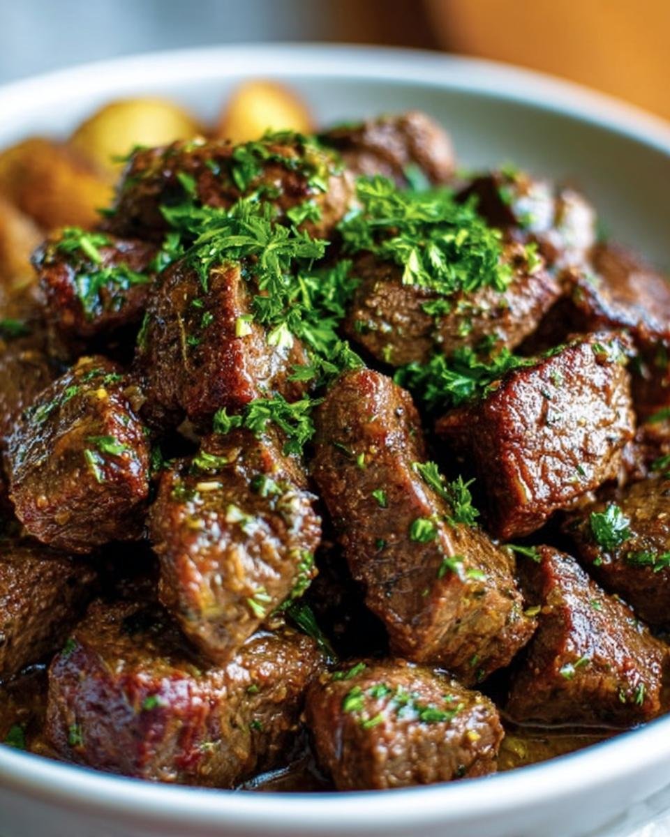 Close-up of Garlic Butter Beef cubes garnished with fresh parsley, served in a white bowl.