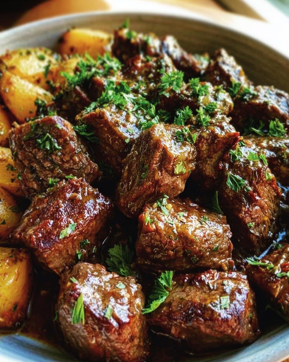 Close-up of Garlic Butter Beef cubes with potatoes, garnished with fresh parsley.