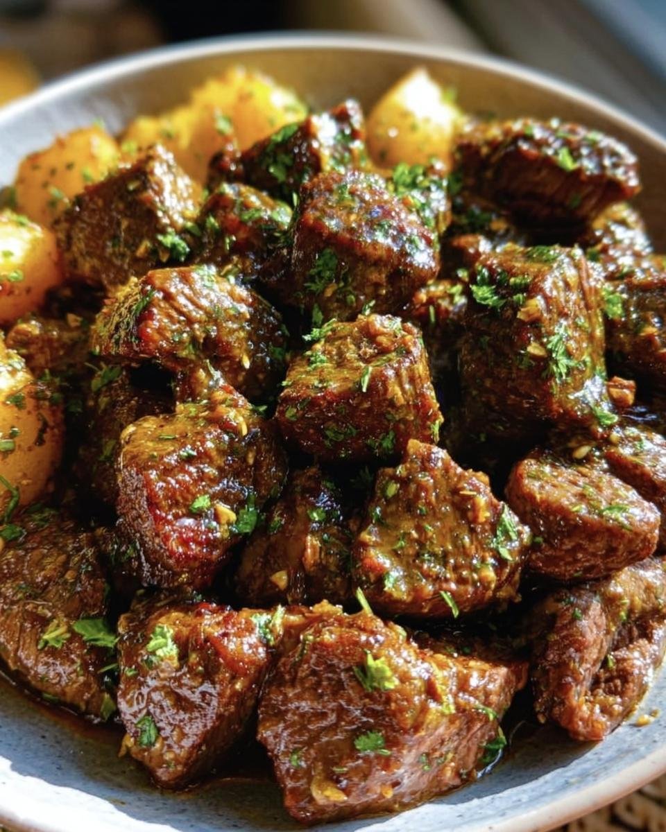 Close-up of Garlic Butter Beef cubes with potatoes, garnished with fresh herbs.