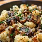 Close-up of Garlic Cauliflower Mushroom Skillet, showcasing the textures and colors of the dish.