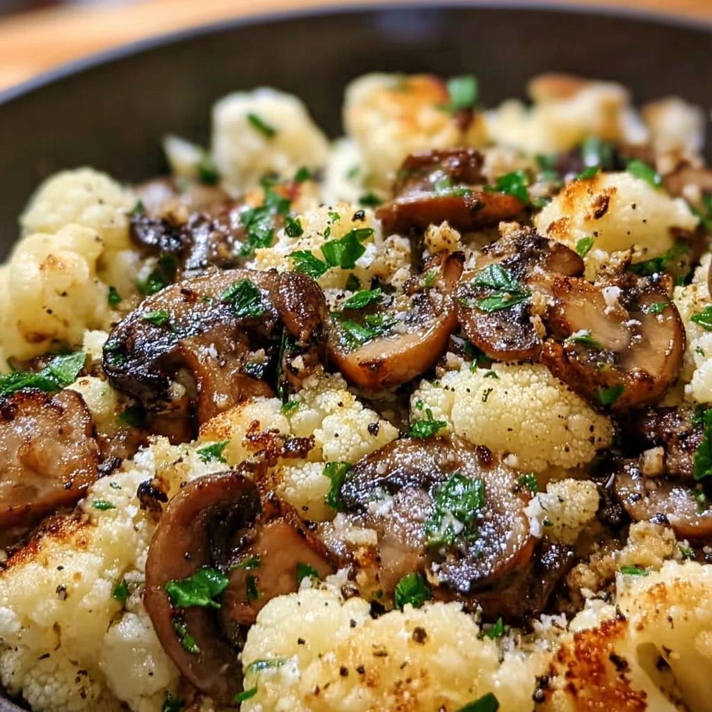 Close-up of Garlic Cauliflower Mushroom Skillet, showcasing the textures and colors of the dish.