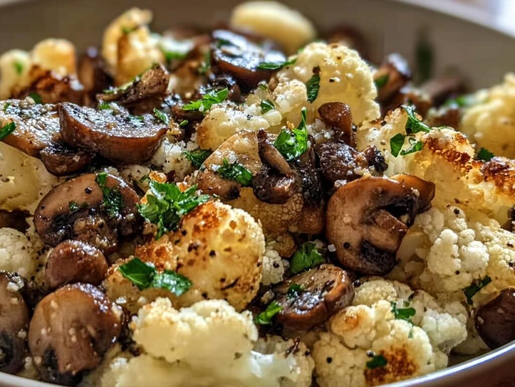 Close-up of a Garlic Cauliflower Mushroom Skillet, showing roasted cauliflower and mushrooms with garlic and herb garnish.