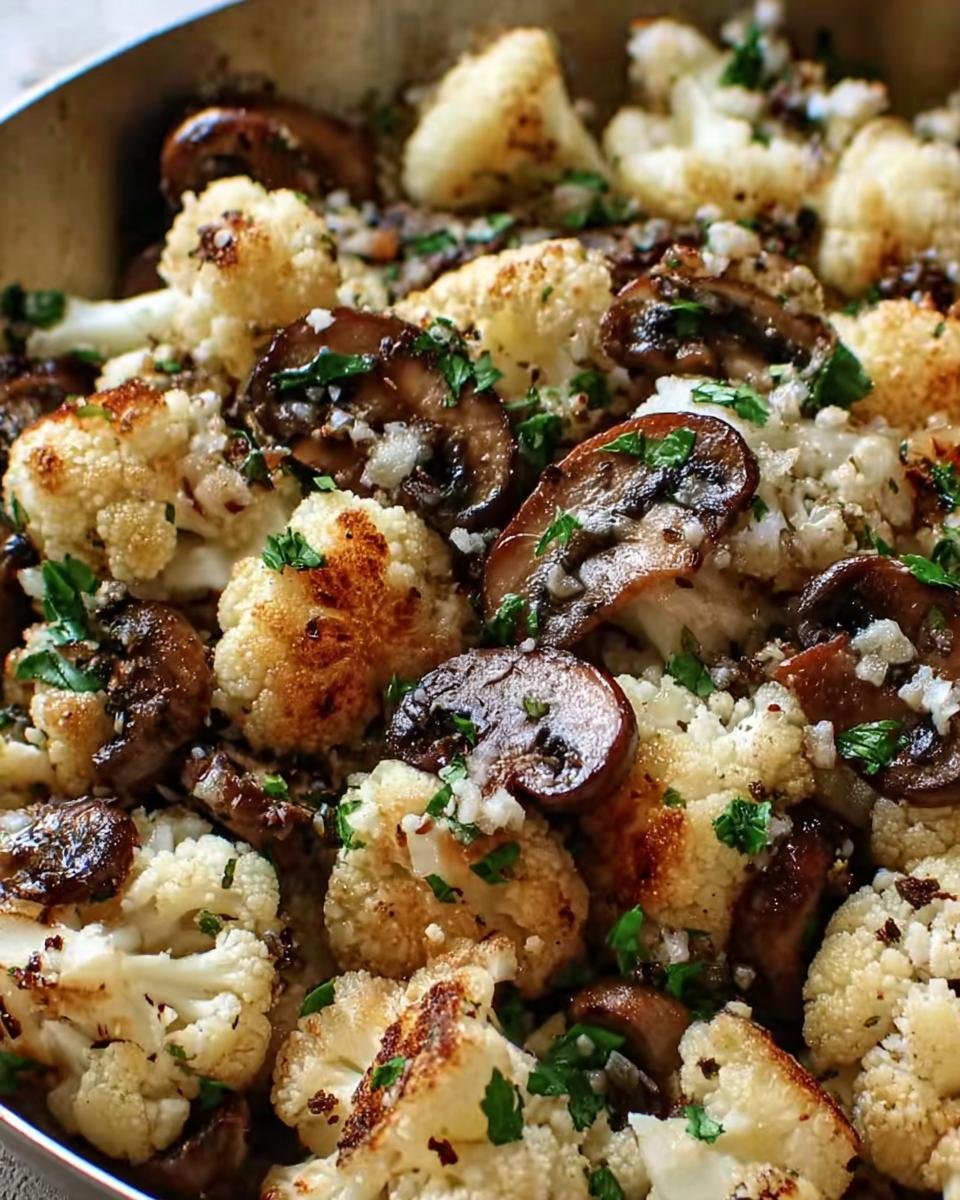 Close-up of a Garlic Cauliflower Mushroom Skillet, showing roasted cauliflower, mushrooms, garlic, and herbs.