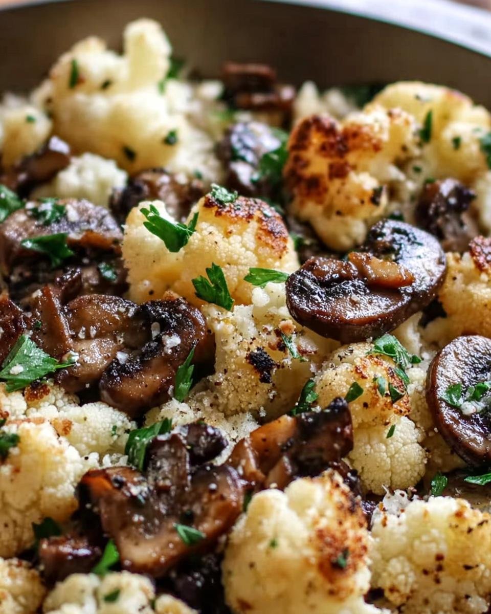 A close-up of Garlic Cauliflower Mushroom Skillet, showing roasted cauliflower, mushrooms, and fresh parsley.