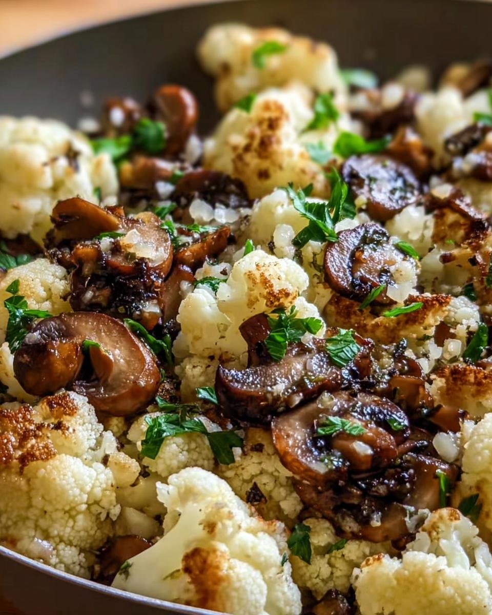 Close-up of a Garlic Cauliflower Mushroom Skillet, showing roasted cauliflower, sauteed mushrooms, garlic, and parsley.