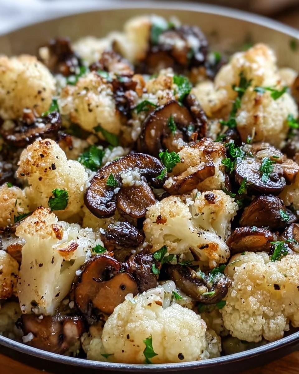 Close-up of Garlic Cauliflower Mushroom Skillet with herbs and garlic.