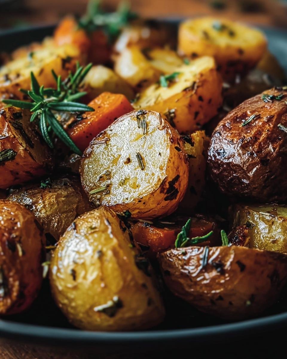 Close-up of Garlic Herb Roasted Potatoes with rosemary and other herbs, showing golden-brown texture.