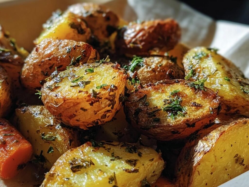 A close-up of golden Garlic Herb Roasted Potatoes, seasoned with herbs and spices.
