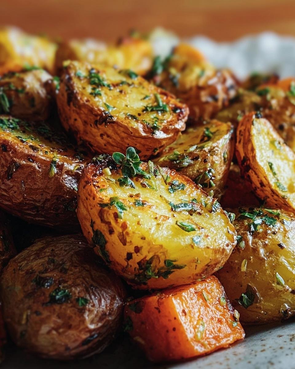 A close-up of golden Garlic Herb Roasted Potatoes, seasoned with herbs and garlic.