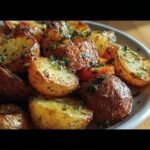Close-up of Garlic Herb Roasted Potatoes, golden brown and garnished with fresh herbs on a white plate.